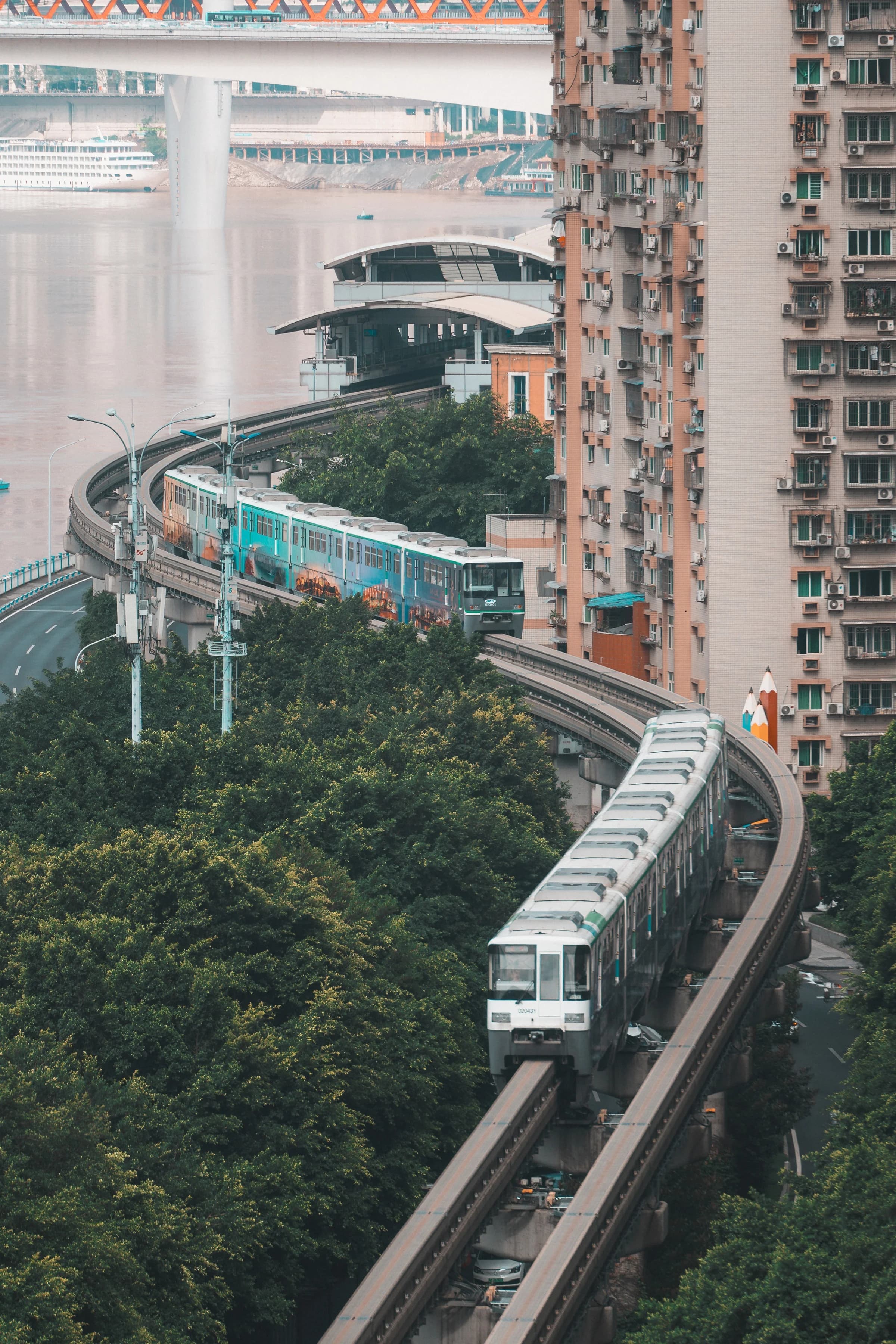 Monorail Curving Through the City